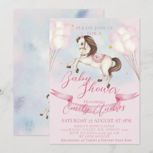 Fairytale Pony Stars Pink Balloons Baby Shower Invitation