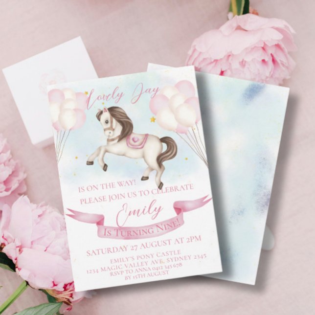 Fairytale Pony Stars Pink Balloons Birthday Party Invitation (Creator Uploaded)