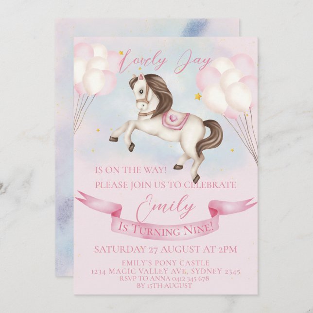 Fairytale Pony Stars Pink Balloons Birthday Party Invitation (Front/Back)