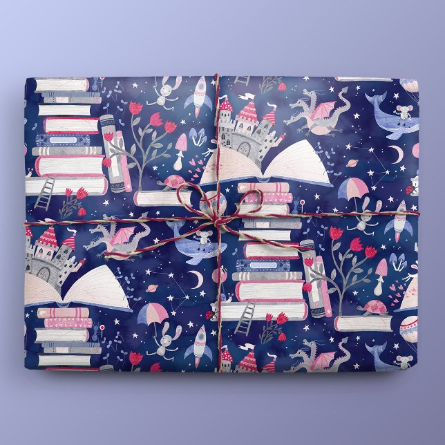 Fairytale Pop Up Book Castle Blue Wrapping Paper (Gift Mockup)