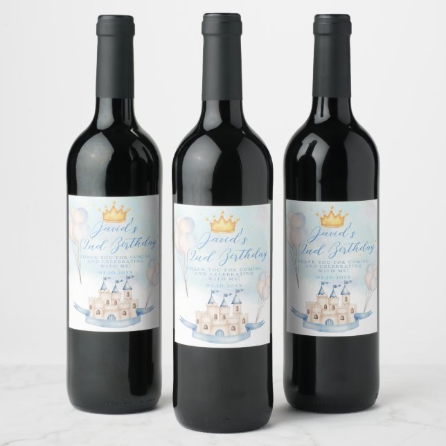 Fairytale prince castle Gold Crown 2nd Birthday Wine Label (Bottles)