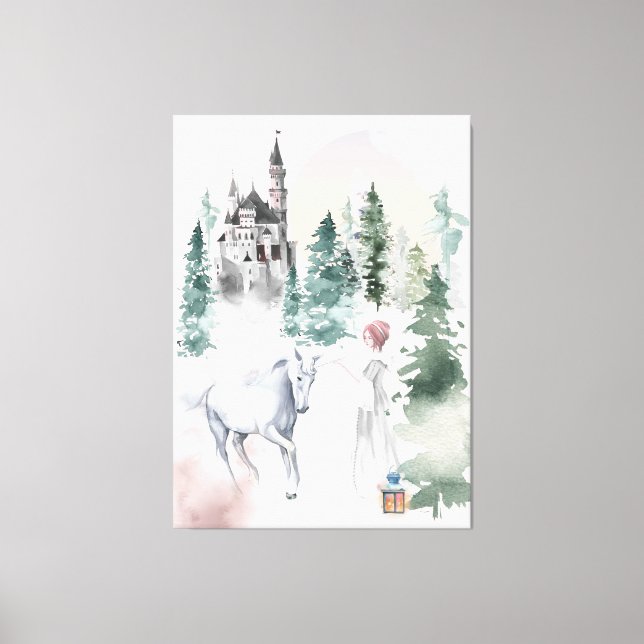 Fairytale Princess and Unicorn near Castle Canvas Print (Front)