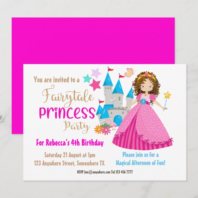 Fairytale Princess Brown Hair Birthday Party Invitation (Front/Back)