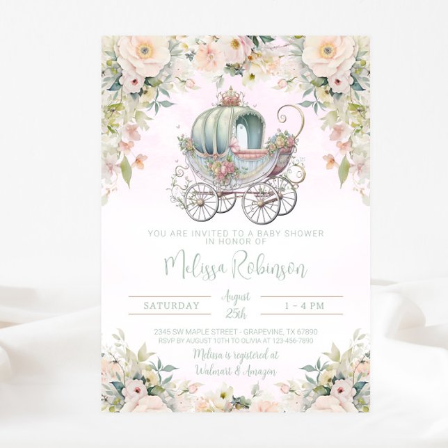 Fairytale Princess Carriage Girl Watercolor Invitation (Beautiful fairytale baby carriage invitation. Simply add your event details. )