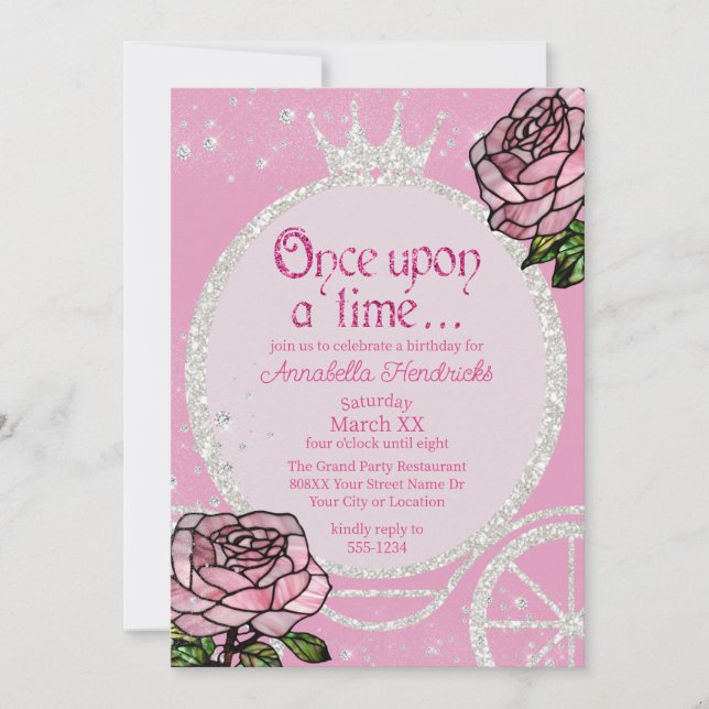 Fairytale Princess Carriage & Pink Roses Invitation (Front)
