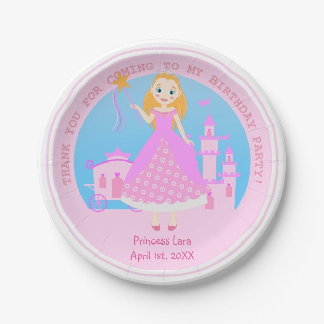 Fairytale Princess in Pink  Birthaday Party Paper Plate (Front)
