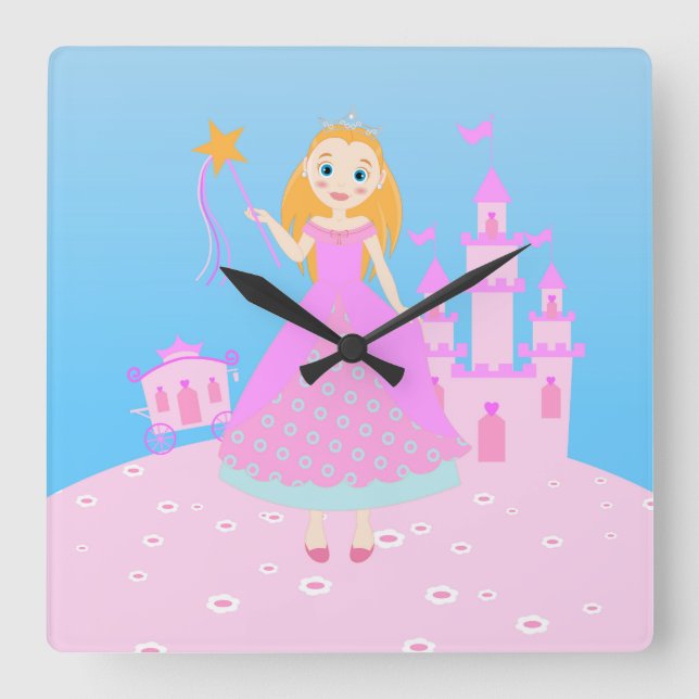 Fairytale Princess in Pink  Birthaday Party Square Wall Clock (Front)