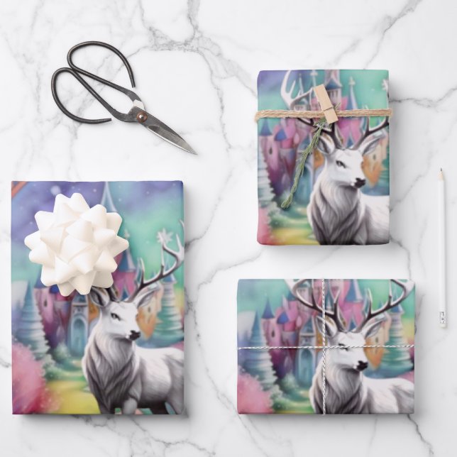 Fairytale Purple and Teal Watercolor White Stag Wrapping Paper Sheet (Front)