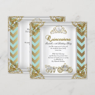Fairytale Quinceanera 15th Birthday Mint Gold 2 Invitation