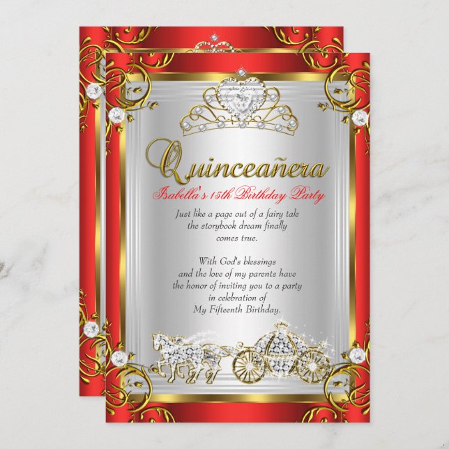 Fairytale Quinceanera 15th Birthday Red Gold Invitation (Front/Back)