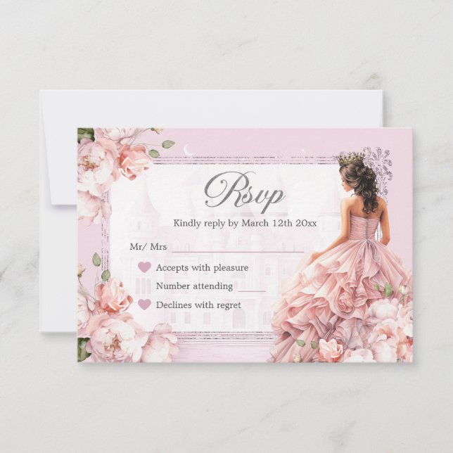 Fairytale Royal Castle Blush Pink Quinceanera RSVP Card (Front)
