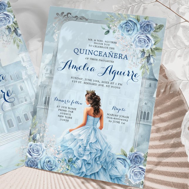 Fairytale Royal Castle Light Blue Quinceañera Invitation (Creator Uploaded)