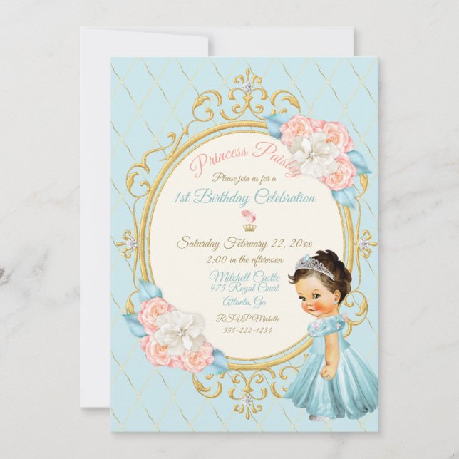 Fairytale Royal Princess Blush Gold Aqua Girl Invitation (Front)