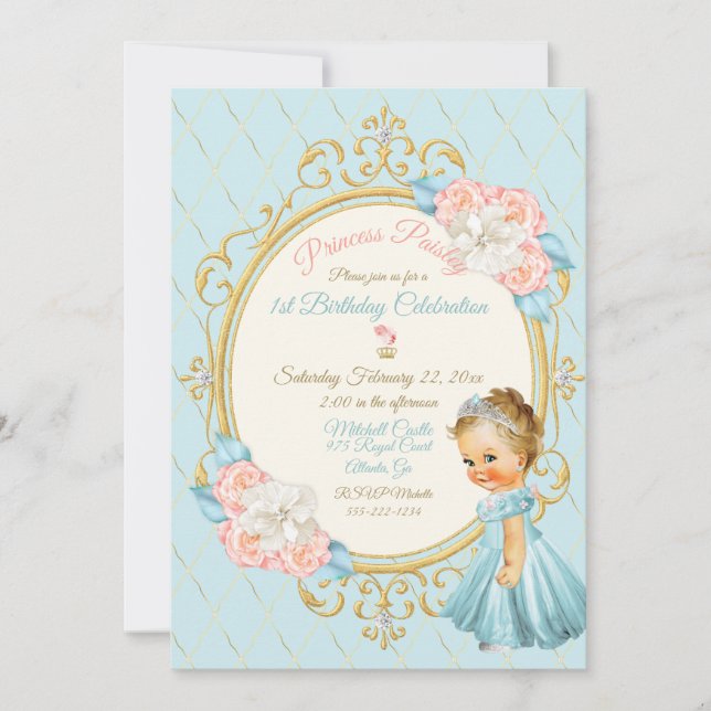 Fairytale Royal Princess Blush Gold Aqua Girl Invitation (Front)