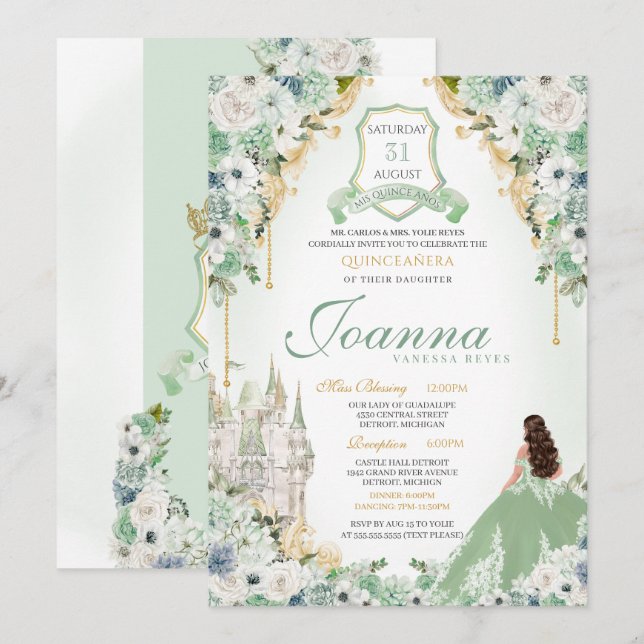 Fairytale Royal Princess Light Mint Green Quince Invitation (Front/Back)