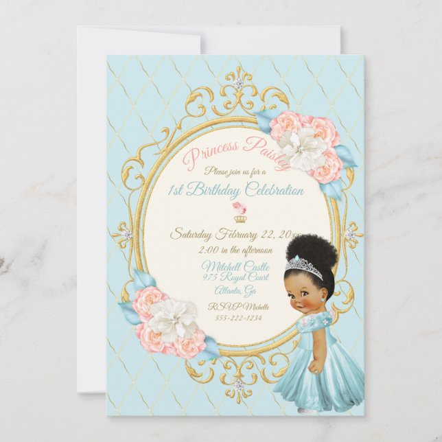 Fairytale Royal Princess Pink Aqua Girl Ethnic Invitation (Front)