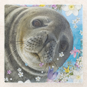 Fairytale Sealion in Ocean of Flowers Glass Coaster