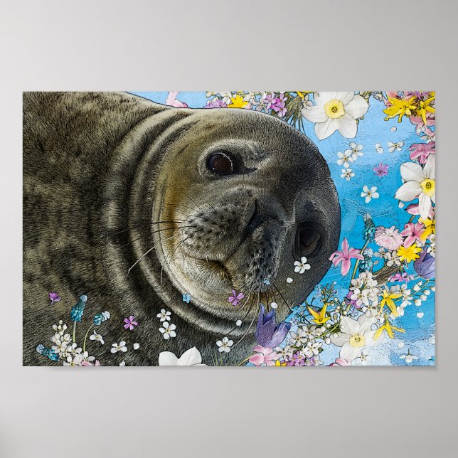 Fairytale Sealion in Ocean of Flowers Poster (Front)