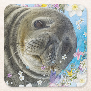 Fairytale Sealion in Ocean of Flowers Square Paper Coaster