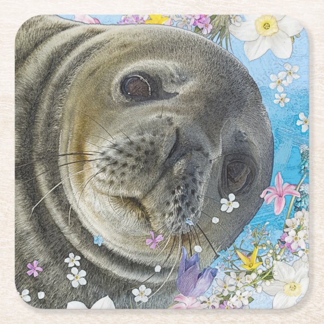 Fairytale Sealion in Ocean of Flowers Square Paper Coaster (Front)