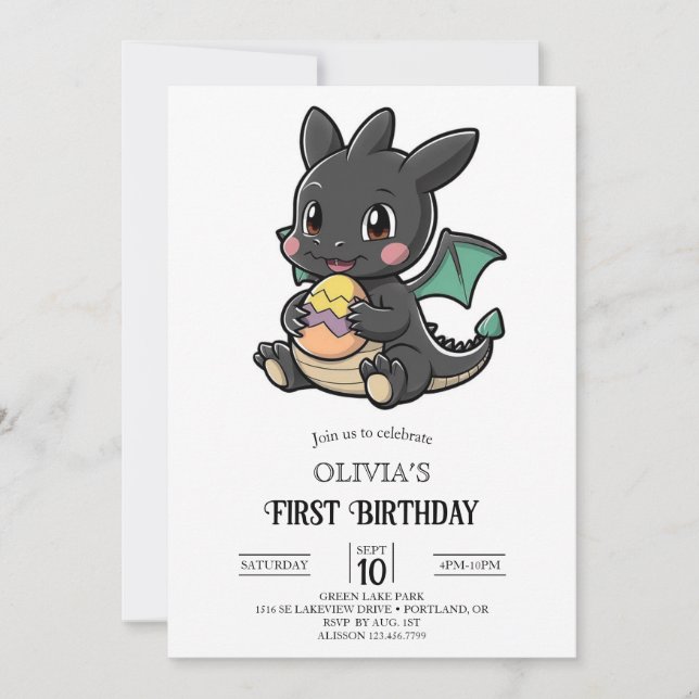 Fairytale Simple Digital Dragon 1st Birthday Invitation (Front)