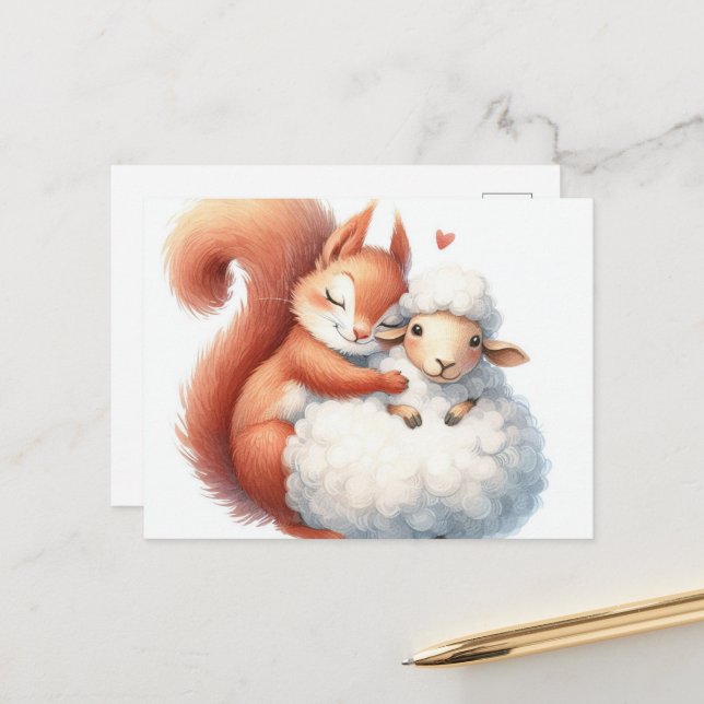 Fairytale Squirrel Hugs a Sheep Postcard (Front/Back In Situ)