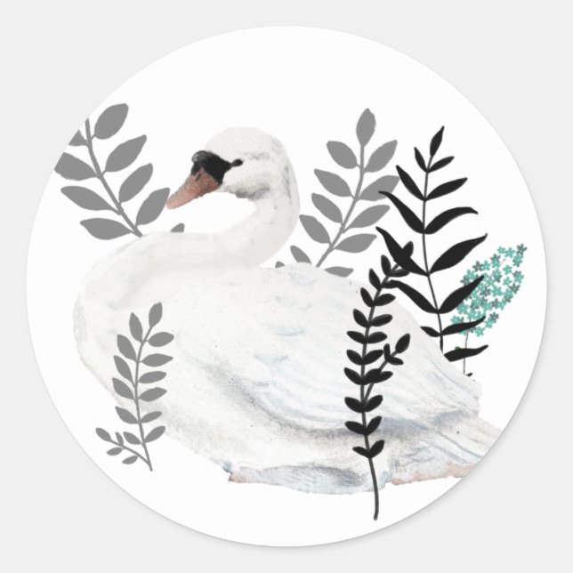 Fairytale Swan Illustration Folk Botanical Classic Round Sticker (Front)