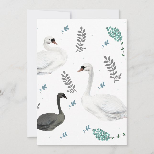 Fairytale Swan Illustration Folk Botanical Invitation (Front)