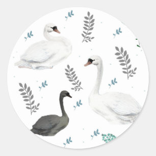 Fairytale Swan Illustration Folk Botanical Pattern Classic Round Sticker