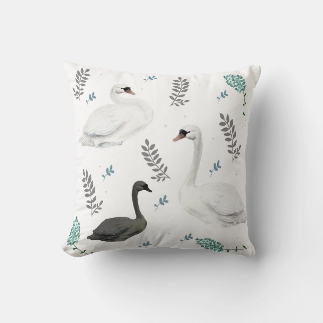 Fairytale Swan Illustration Folk Botanical Pattern Cushion (Front)