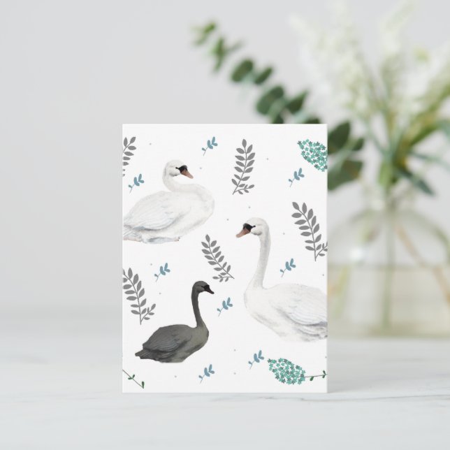 Fairytale Swan Illustration Folk Botanical Postcard (Standing Front)