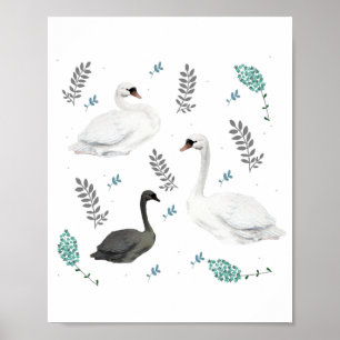 Fairytale Swan Illustration Folk Botanical  Poster