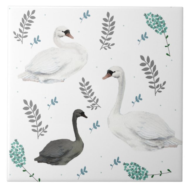 Fairytale Swan Illustration Folk Botanical Swans  Tile (Front)