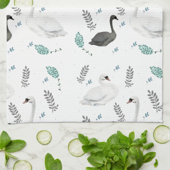 Fairytale Swan Illustration Folk Botanical Tea Towel (Folded)