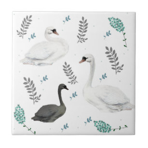 Fairytale Swan Illustration Folk Botanical Tile