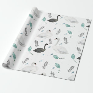 Fairytale Swan Illustration Folk Botanical Wrapping Paper