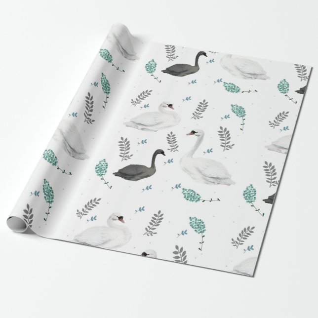 Fairytale Swan Illustration Folk Botanical   Wrapping Paper (Unrolled)