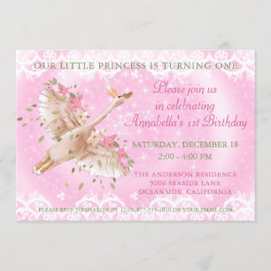 Fairytale Swan Pink Floral And Lace 1ST Birthday Invitation
