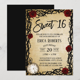 Fairytale Sweet 16 Vintage Red Rose & Thorn Invitation