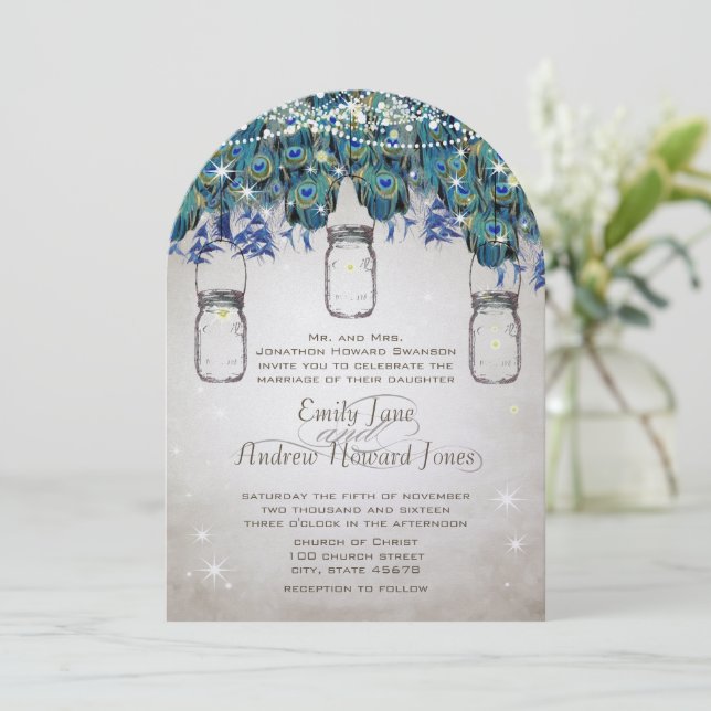 Fairytale Under the Star Forest Mason Jar  Peacock Invitation (Standing Front)