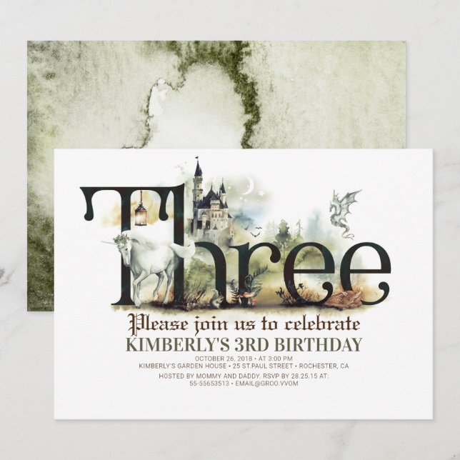 Fairytale Unicorn Dragon Magic Castle 3 Birthday Invitation (Front/Back)
