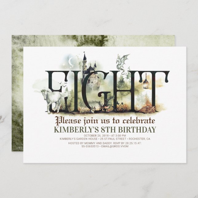 Fairytale Unicorn Dragon Magic Castle 8th Birthday Invitation (Front/Back)