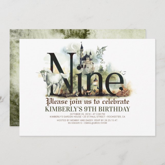 Fairytale Unicorn Dragon Magic Castle 9 Birthday Invitation (Front/Back)