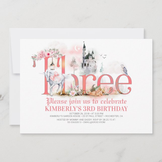 Fairytale Unicorn Princess Castle 3rd Birthday Invitation (Front)