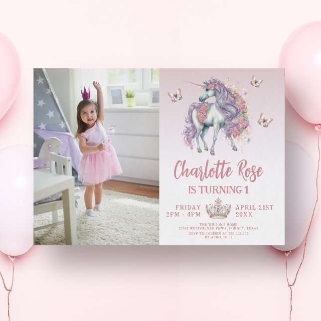 Fairytale Uniforn & Flowers Pink Photo Birthday Invitation (Creator Uploaded)