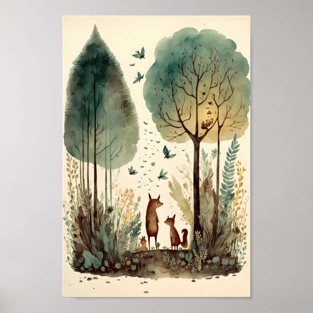 Fairytale watercolor illustration of forest poster (Front)