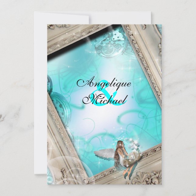 Fairytale wedding aqua blue invitation (Front)
