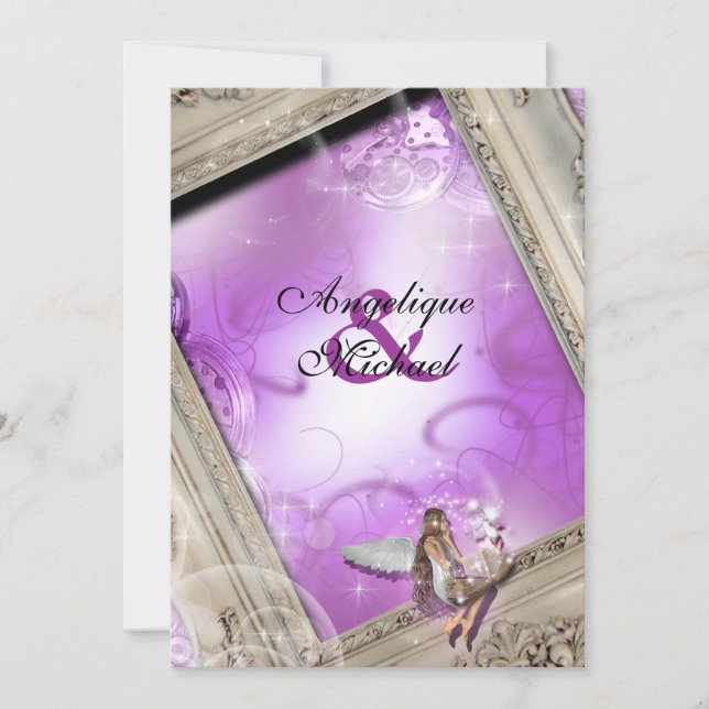 Fairytale wedding gold purple invitation (Front)