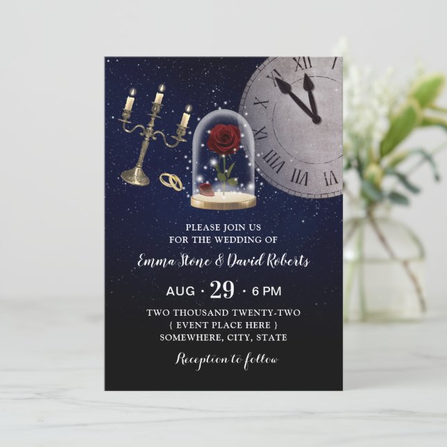 Fairytale Wedding Rose Flower Dome Starry Night Invitation (Standing Front)