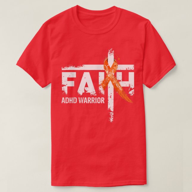 Faith ADHD Awareness Orange Ribbon Christian Cross T-Shirt (Design Front)